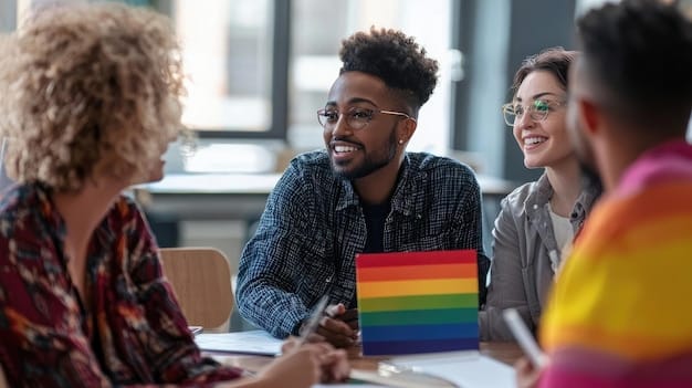 A group of LGBTQ+ employees participating in a diversity training session in a corporate setting, demonstrating inclusive HR practices.