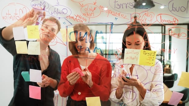 A group of entrepreneurs brainstorms ideas around a table. The scene is bright and collaborative and the whiteboard in the background is filled with notes and sketches representing business opportunities within China's Pink Economy. The image emphasizes innovation and strategic thinking in serving the LGBTQ+ market.