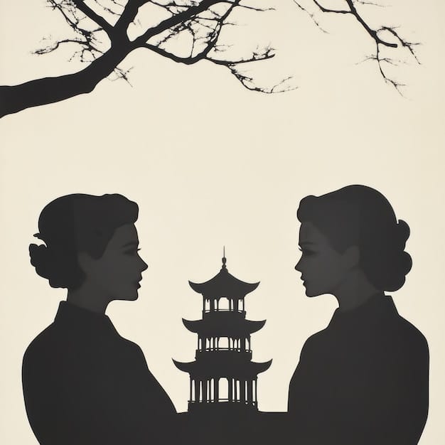 A silhouette of two people (one male, one female) shaking hands against a backdrop of traditional Chinese architecture, conveying a sense of agreement or partnership within the context of a marriage.