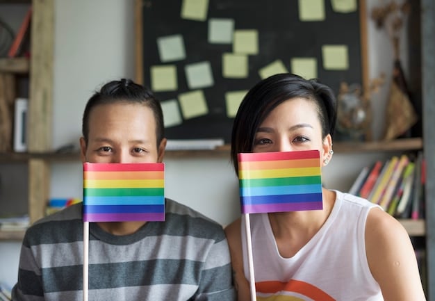 A group of people holding signs with LGBTQ+ related messages in Chinese, in a rally or demonstration. The image represents solidarity and activism within the Chinese LGBTQ+ community.