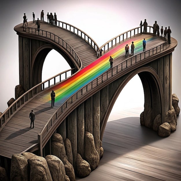 A cartoon illustration showing a bridge being built, symbolizing the efforts of LGBTQ+ organizations and allies in bridging the gap between the LGBTQ+ community and the wider Chinese society.
