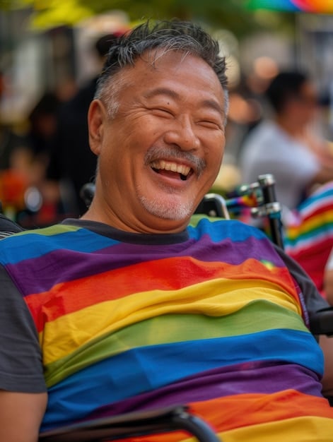 A photo of an LGBTQ+ elder participating in a community activity in China. The background features a supportive group of people. The image emphasizes inclusion, engagement, and community support.
