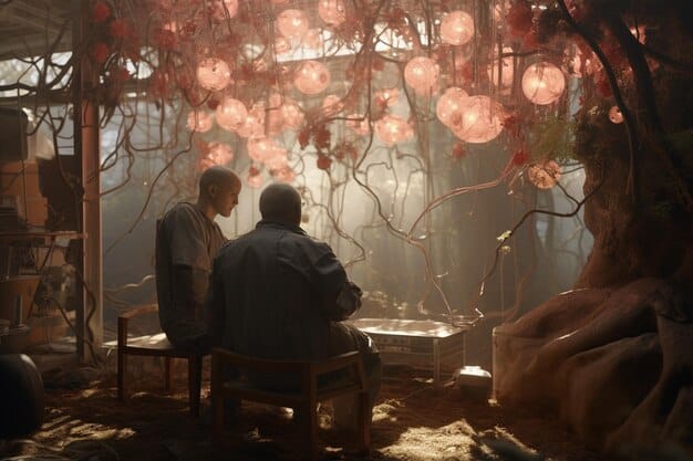 A still from a recent Chinese independent film featuring two male characters sharing an intimate moment in a park, with soft lighting and a focus on their emotional connection. The scene is subtly romantic and portrays everyday life.