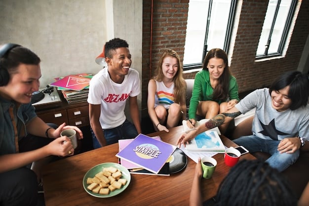 A group of young people are participating in a workshop organized by an LGBTQ+ community group. They are sitting around a table, engaging in a lively discussion and taking notes. The atmosphere is supportive and inclusive.