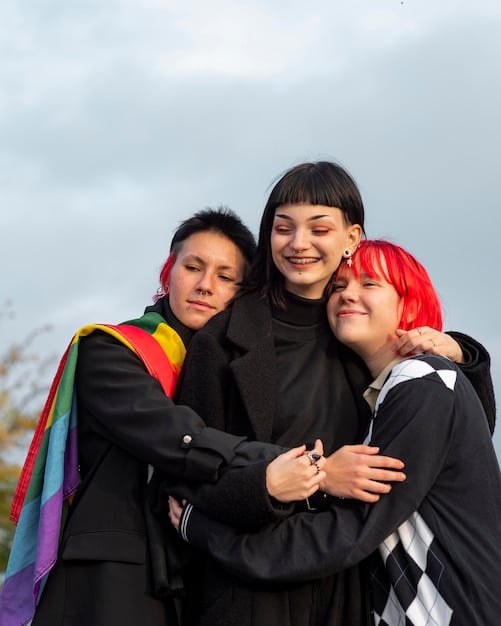 A photograph showing a diverse group of young LGBTQ+ individuals in a modern Chinese city, participating in a community event or pride gathering, showcasing their identity and solidarity.