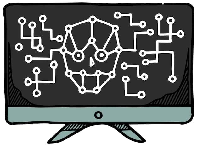 A computer screen displaying lines of code. Overlaid on the code are symbols representing bias and prejudice, highlighting the issue of algorithmic bias in dating apps. A magnifying glass is focused on specific sections of the code, symbolizing the need for thorough review.