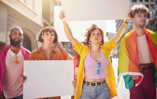 A group of protesters holding signs and banners advocating for LGBTQ+ rights, including same-sex marriage, in front of a government building.