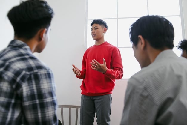 A group of young Chinese gay men are seen in a support group session in a brightly lit, modern office. They are engaged in a conversation, appearing comfortable and sharing their experiences. The atmosphere is one of trust, respect, and mutual understanding.